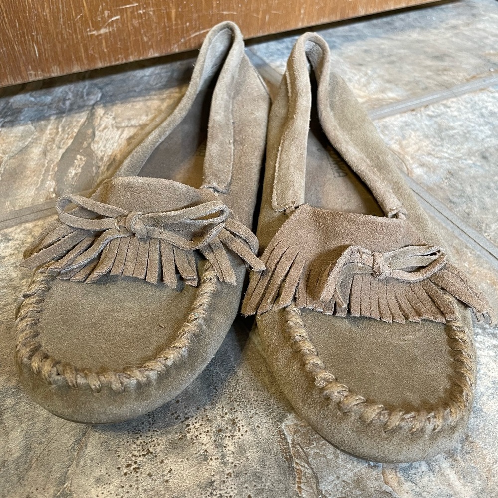 Minnetonka leather moccasins with rubber soles